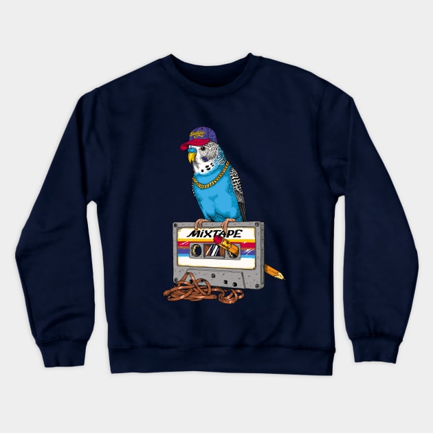 Cool Budgie with a Cassette Crewneck Sweatshirt by Dima Kruk